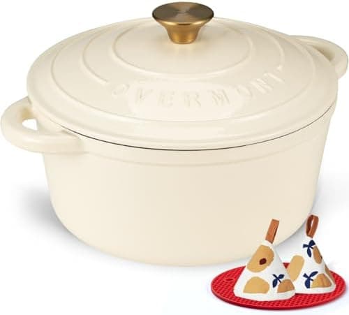 Overmont Enameled Cast Iron Dutch Oven - 5.5QT Pot with Lid Cookbook & Cotton Potholders - Heavy-Duty Cookware for Braising, Stews, Roasting, Sourdough Baking Cream White