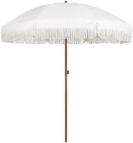 AMMSUN 7ft Patio Umbrella with Fringe Outdoor Tassel Umbrella UPF50+ Premium Steel Pole and Ribs Push Button Tilt, Cream White