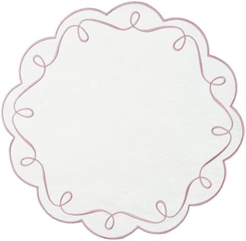 15 Inch Ribbon Twirl Embroidery Round Placemats Set of 4, Scalloped Round Table Mats for Party Kitchen Dining Decoration, Pink