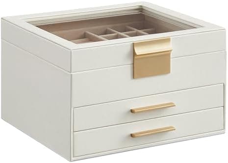 SONGMICS GISELLA Collection - Jewelry Box Organizer, 3-Layer Jewelry Storage with 2 Drawers, Shiny Metal Hardware, Glass Lid, Modern, 8 x 9.1 x 5.3 Inches, Cloud White and Gold Color UJBC239WT