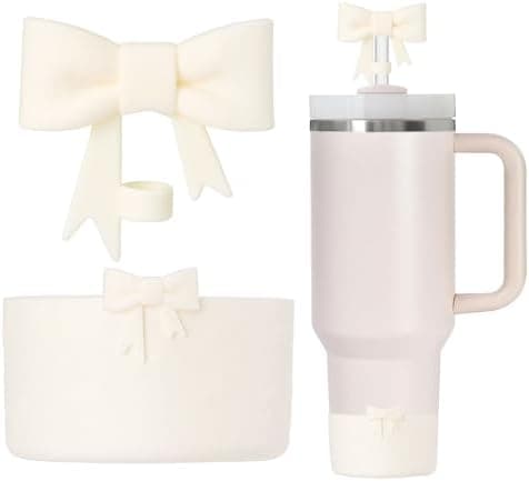 Lnulyaciy Bow Silicone Protective for Stanley Boot for 20/30/40Oz, 2 Pack for Stanley Cup Accessories Compatible 12-24Oz for Hydroflask Boot and More (Beige Set)