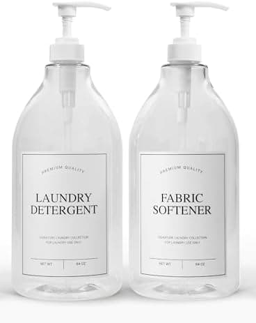 Calindiana Modern Farmhouse Liquid Laundry Detergent and Fabric Softener Dispenser for Laundry Room Decor and Organization, PET Plastic Landry Soap Containers with Water Resistant Labels, Clear 64oz