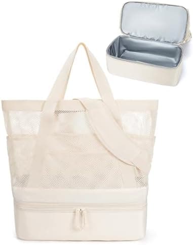 BAGSMART Beach Bag for Women, Mesh Tote Bags with Zipper, Sandproof Vacation Essentials with Cooler for Swim Cruise Pool