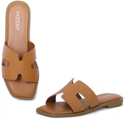 Womens Slip On Flat Sandals Soft Leather Open Toe Slide for Summer Dressy