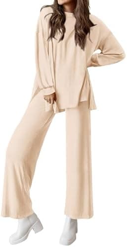 PRETTYGARDEN Womens 2 Piece Outfits Crewneck Long Sleeve Pullover Tops Wide Leg Long Pants Casual Lounge Set Travel Tracksuit