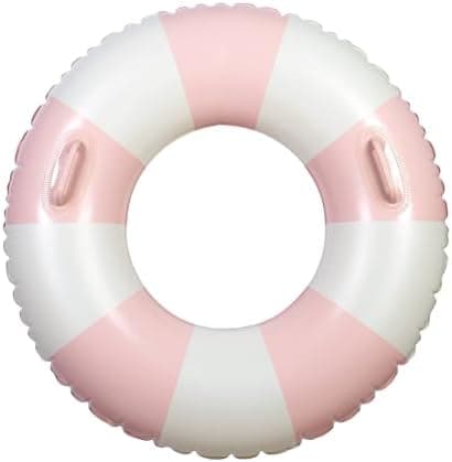 Large Swim Ring with Handles for Kids Adults, 35 Inch Classic Striped Pool Inner Tubes, Inflatable Pool Floats, Float Naked, Pool Floaties Adult Size for Summer Pool Party Beach Pink 1