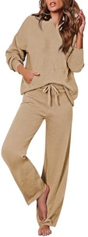 Viottiset Women's 2 Piece Outfits Sweater Set Long Sleeve Hoodies With Pocket Wide Leg Pants Lounge Sets Tracksuit