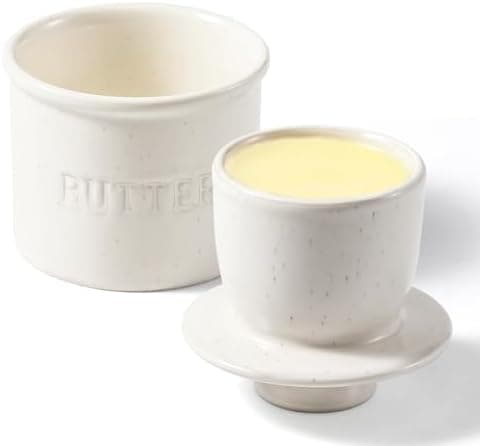 Butter Crock with Lid for Countertop - Ceramic French Butter Dish for Spreadable Soft Butter, Butter Container Holder with a Water Seal, Housewarming Gift, Kitchen and Home Decor, Speckled White