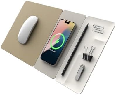 POUT H3 SplitMax 3-in-1 Wireless Charging Mouse Pad – Fast Qi Charger, Mousepad Mat, and Magnetic Tray Organizer – Compatible with Smartphones and Earbuds (Palette Cream)