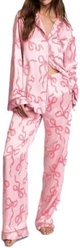 Fenghualzzniya Women Bow Pajamas Satin Pajama Set Floral Silk 2 Piece Lounge Sets Button Down Shirts Wide Leg Pants Cute Pjs