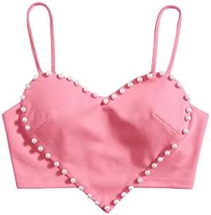 WDIRARA Women's Cami Heart Pearl Crop Top Sparkly Outfits