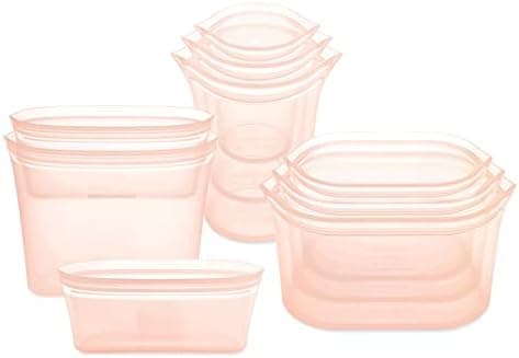 Zip Top Reusable Food Storage Bags | 9 Piece Set [Peach] - 3 Bags, 3 Cups, 3 Dishes | Silicone Meal Prep Container | Microwave, Dishwasher and Freezer Safe | Made in the USA