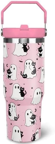 nmbnswo 30 oz Halloween Tumbler with Lid and Straw, Pink Ghost Goth Tumbler Insulated Coffee Travel Mugs Cup Water Bottle Cute Halloween Gifts for Women Girls