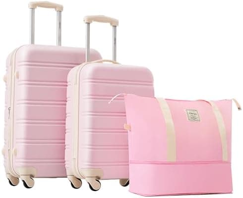 Merax Luggage Sets 2 Piece Expandable Hardside Luggage with Travel Bag Suitcase Set with Spinner Wheels(20+24+bag,Light Pink-1)