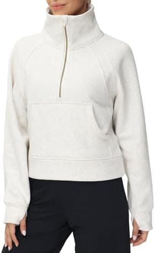 THE GYM PEOPLE Womens' Half Zip Pullover Fleece Stand Collar Crop Sweatshirt with Pockets Thumb Hole