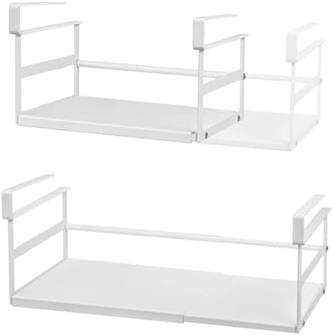 Selosiz 2Pack Under Shelf Storage Basket Organizer Expandable Width Add-On Space Saver Hanging Under Cabinet Pantry Kitchen Countertop Desktop Bookshelf Cupboard Board Slide-in White Heavy-Duty Metal
