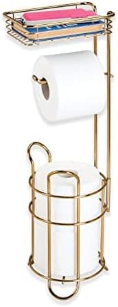 mDesign Steel Metal Free Standing Toilet Paper Holder Stand and Dispenser with Storage Shelf - Toilet Tissue for Bathrooms, Washroom - Holds 2 Extra Mega Rolls - Concerto Collection - Soft Brass