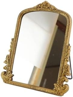 2026 Spring Women's Gifts Small Vintage Vanity Makeup Desk Mirror Antique Traditional Chic Arch Table Mirror Gold，Decor Wood Carved Mirror for Living Room,Bedroom,Tabletop 11.8" x 9.6"
