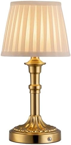 KDG Cordless Portables Table Lamp, LED Fabric Shade Small Desk Lamps, 4000mAh Battery Powered Lighting, 2700K Stepless Dimmable Light for Living Room, Dining Room, Bedroom, Bedside (Gold)