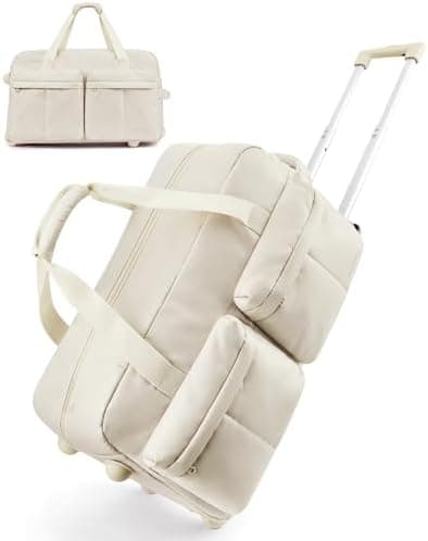 BAGSMART Rolling Duffle Bag with Wheels, Carry On Bag Duffel Bag for Travel, Wet Pocket Duffle with Wheels and Handle, Beige, 42L