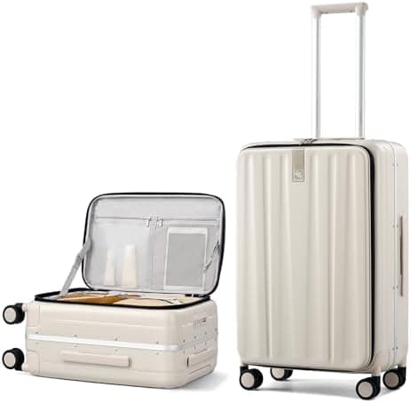 Hanke 24 Inch Checked Luggage PC Hard Case Luggage Top Opening Aluminum Frame Travel Luggage Suitcases with Wheels for Woman Men.(Ivory white)