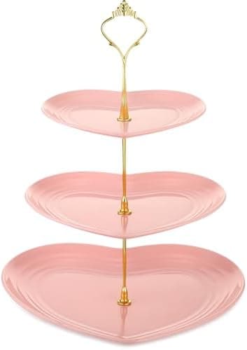 Layhit 1 Pack Easter 3 Tier Cupcake Stand Heart Shaped 3 Tiered Serving Trays for Party Plastic Tray Dessert Cupcake Stand for Tea Party Baby Shower Wedding (Pink)