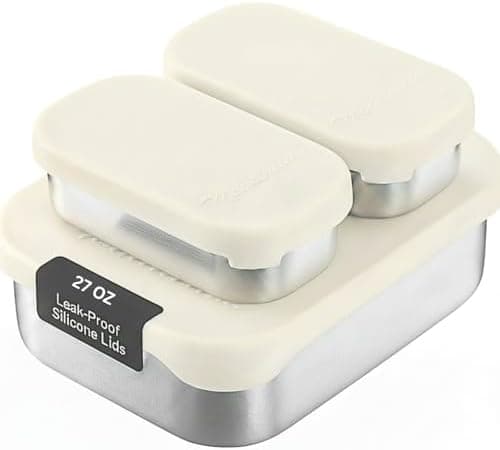 Leak Proof Stainless Steel Lunch Box Containers, 27 OZ , Stainless Steel Bento Box , Metal Lunch Box, Sandwich & Snack Containers , SIlicone Lids , Korean Style,Small Vanilla ( 1 x 27oz + 2 x 6.5 OZ )