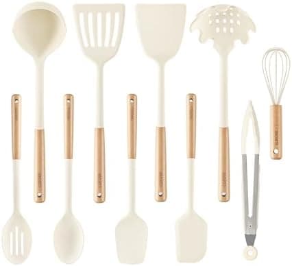 CAROTE 10PCS Kitchen Utensils Set, Silicone Cooking Utensils Set with Wooden Handle for Nonstick Cookware Set, Larger, White