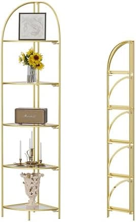 Crofy Foldable 5 Tier Corner Shelf, Metal Corner Plant Stand with Gold Frame and Transparent Shelves, Corner Display Rack Multipurpose Shelving Unit for Living Room, Bedroom, Bathroom