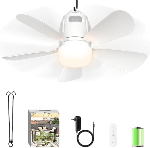 Canopy Fan 20'', 20000mAh Portable Outdoor Ceiling Fan with Light with Remote Control and Extension Hook, Easy Operation Battery Powered Fan Light for Gazebo, Tent, Patio, Camping