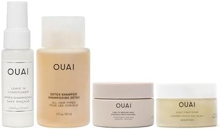 OUAI Travel Kit - Includes Travel Size Leave In Conditioner, Detox Shampoo, Fine to Medium Hair Mask, Scalp & Body Scrub (4 Count)