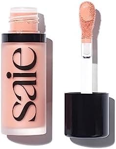 Saie Dew Blush - Lightweight, Blendable + Buildable Liquid Cream for a Dewy Cheek Tint - Doe Foot Wand Makeup Applicator - Light Peach Pink - Peachy (0.40 oz)