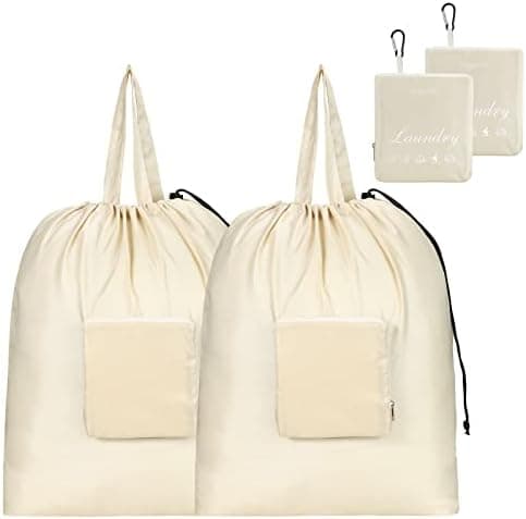 GOGOODA Travel Laundry Bags with Drawstring Closure XL Large Foldable Dirty Clothes bags with Handle Heavy Duty and Washable for College Dorm Travelling Camping, 2 Pack, Beige