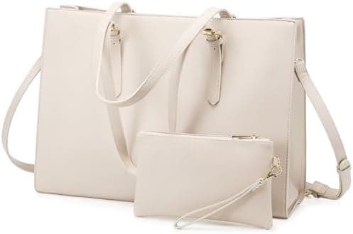 LOVEVOOK Laptop Bag for Women, Fashion Computer Tote Large Capacity Handbag, Leather Shoulder Bag Purse Set, Professional Business Work Briefcase for Office Lady, 2PCs, 15.6-Inch, Beige White