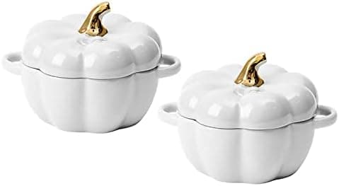 Pumpkin Bowl Set with Lid and Handle, Set of 2 Ceramic Ramekins for Baking, Casserole Dish Individual Severing Pot, Stoneware, Oven Safe, 14 Oz (White)