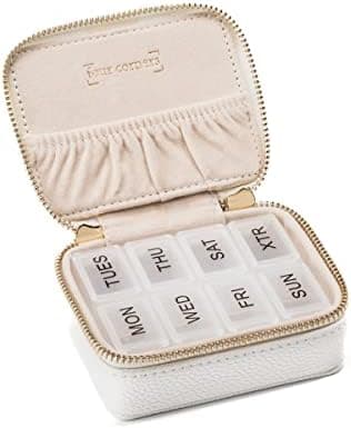 Weekly Pill Organizer 7 Day – Travel Pill Case for Vitamins & Medication, Premium Vegan Leather Pill Box with Removable Daily Compartments, Portable Supplement Organizer with Secure Zipper (White)