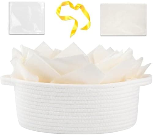 OIAHOMY Gift Basket with Handle, Small Woven Basket with Gift Bag, Ribbon and Wrap Tissue Paper, Nursery Bins Empty to Fill with Small Items, Baby, Pet Toy Organizer - White