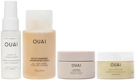 OUAI Travel Kit - Includes Travel Size Leave In Conditioner, Detox Shampoo, Thick Hair Mask, Scalp & Body Scrub (4 Count)