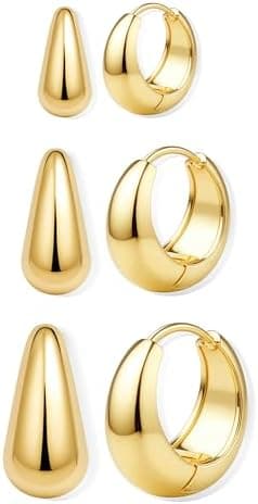BESTEEL 3Pairs 14K Gold Plated Hoop Earrings Set for Women Chunky Earring Silver Plated Hypoallergenic Small Huggie Hoops Lightweight Tiny Thick Trendy Hoop Earrings Stacks for Multiple Piercing