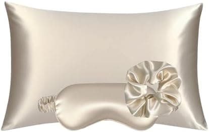 KISMETICS - Vegan Silk Sleep Set, Vegan Silk Pillowcase with Large Scrunchie and Eye Mask for Hair and Skin, Self Care Essential Satin Night Routine Kit (Champagne Color)
