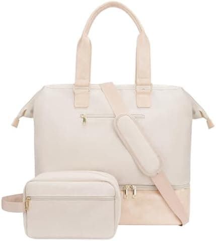 MINKARS Weekender Bag with Shoe Compartment Travel Tote Overnight Personal Item for Airlines 17 Inch, Beige