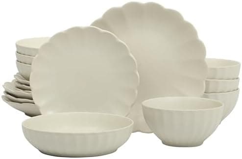 Gibson Elite Malibu Shore 16 Piece Scallop Stoneware Reactive Glaze (Service for 4) Ceramic Plates and Bowls Dinnerware Set - Cream White