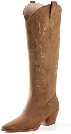 iiimmu Cowgirl Boots Women Knee High Boots Pointed Toe and Block Heel Cowboy Suede and Faux Leather Boots with Embroidered