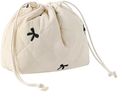 Cotton Quilted Drawstring Makeup Bag with Canvas Lining,Coquette Aesthetic Cute Travel Toiletry Bag,Drawstring Gift Bag for Women and Girls（05Beige Bows）