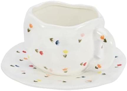 Koythin Ceramic Coffee Mug, Cute Pink Cup for Women with Saucer for Office and Home, Dishwasher and Microwave Safe, 10 oz/300 ml for Latte Tea Milk (Colorful Tulips)