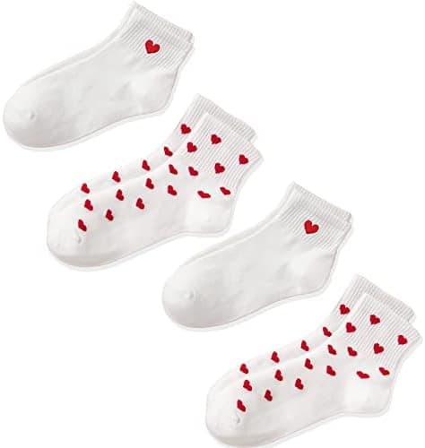 CHUNFO Cute Heart White Red Ankle Women Socks Frilly Fun Bear Pattern Long Crew Novelty Aesthetic Girls Sock 4 & More Pairs