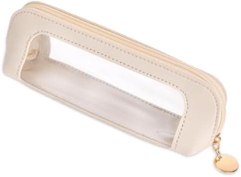 Psyqtsuary Small Clear Makeup Bag, PU Leather Travel Makeup Brush Case Portable Transparent Waterproof Cosmetic Organizer Pouch with Zipper for Women Home Travel Office Cosmetic Storage (Beige)
