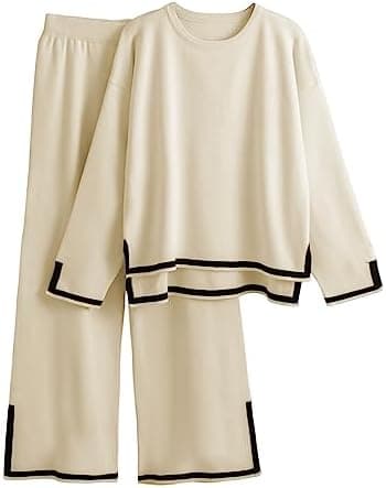 Tanming Women's 2 Piece Outfits Long Sleeve Knit Sweater Top Wide Leg Pants Lounge Sets Tracksuits