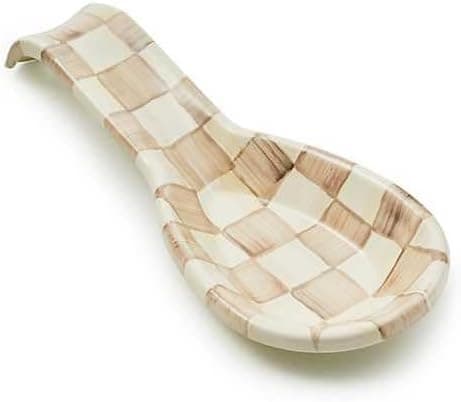 MACKENZIE-CHILDS Enamel Spoon Rest, Kitchen Utensil Rest and Spoon Holder, Kitchen Decor, Brown-and-White Mocha Check