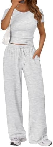 Trendy Queen 2 Piece Matching Summer Sweatsuit Lounge Set Womens Wide Leg Pants Side Ruching Crop Top Sets